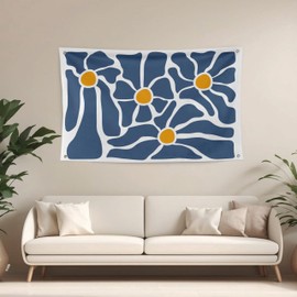 QGFM Retro Boho Blue Floral Tapestry, Abstract Matisse Flower Aesthetic Tapestry Wall Hanging for Bedroom Living Room Girls Room Decor, Floral Wall Decor, 35x59 Inches