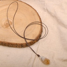 Natural Citrine Rough Stone Healing Crystal Pendant Necklace, White Gold Tone, Braided Cord 28"