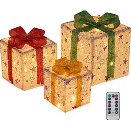WOLADY Cajas de regalode Navidad, Paquete de 3 Cajas de Regalo Iluminadas de Navidad Decoraciones, Cajas De Regalo Luminosa con Control Remoto, para Decoraciones de Navidad, Interiores y Exteriores