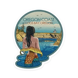 Die Cut Sticker Coos Bay, Oregon, Mermaid Japanese Woodblock, Contour Vinyl Sticker 3 to 6 inches, (Waterproof Decal for Cars, Water Bottles, Laptops, Coolers), Large