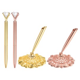 PATIKIL 2Pcs Hollow Round Pen Holder Signing Pen Set, Wedding Pen with Big Crystal Diamond and Pen Holder for Wedding Guests Book Engagement Opening Ceremony, Gold, Rose Gold