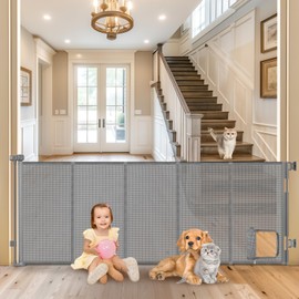 Reinforced 90” Retractable Baby Gate with Cat Door Gates for Pets Retractable Pet Gate Indoor Dog Gate with Cat Door Mesh Baby Gate Retractable Gate Outdoor Retractable Baby Gates for Doorways, Gray