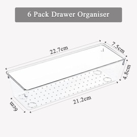 6 Pack Drawer Organiser, Versatile Clear Drawer Storage Trays with Non-Slip Pads, Acrylic Plastic Desk Organiser Drawer Dividers for Makeup, Kitchen, Fridge, Bathroom, and Office.