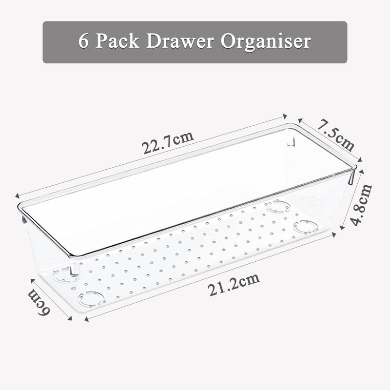 6 Pack Drawer Organiser, Versatile Clear Drawer Storage Trays with
