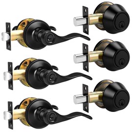 Probrico Front Door Handle and Double Cylinder Deadbolt Set, Black Exterior Door Handle with Deadbolt Lockset,Wave Reversible Door Lever Locks with Deadbolt Set, Keyed Alike 3Pack