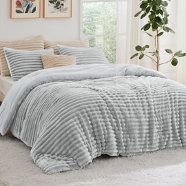 Bedsure Fluffy Comforter Set Queen - Super Soft Faux Fur Bed Set Light Grey, Winter Warm Plush Fleece Bedding, 3 Pieces, 1 Shaggy Fuzzy Queen Size Comforter with 2 Pillowcases