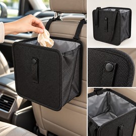 1pc Durable polyester fiber car trash can - Multi-functional folding hanging storage bag, zipper compartment, practical design