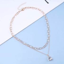 TseenYi Gold Layered Necklace Boho Cz Teardrop Pendant Necklace Vintage Layering Paperclip Chain Necklace Pear Crystal Necklace Chain Jewelry for Women Girls Gifts