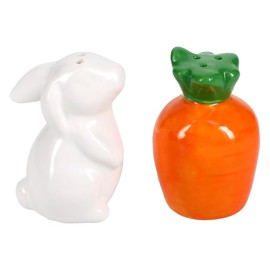 Easter Bunny and Carrot Salt and Pepper Shaker White and Orange Ceramic Set of 2pc Holiday Decor Spring Table Countertop Accessory Decor Fun Festive