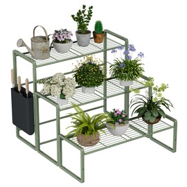 EAEREGS 3 Tier Metal Plant Stand Outdoor Indoor Waterproof, Stackable Heavy Duty Tall Plant Shelf Flower Pot Holder for Garden, Display Rack (Green)