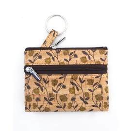 Eco-friendly Cork Coin Purse, Mini Pouch Card Change Vegan Wallet w Key Ring (Green Flower)
