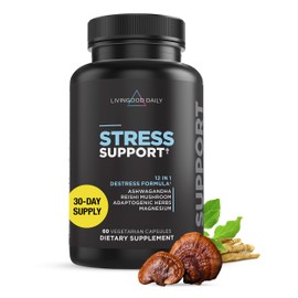 Livingood Daily Stress Support, 12-in-1 Supplement with Ashwagandha, Reishi Mushroom, Vitamin B6, Adaptogenic Herbs & Magnesium, Supports Mood & Calm, Gluten Free, Vegan, 60 Vegetarian Capsules