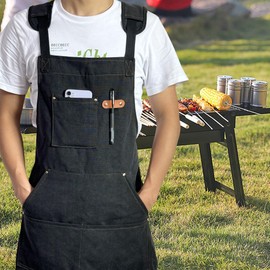 Chef Aprons for Men Women with Pockets, Cotton Canvas Cross Back Heavy Duty Adjustable Work Apron for Kitchen, BBQ & Grill (Black)