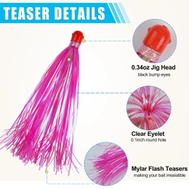 Mylar Flash Teaser Tails Bucktail Lures Fishing Teasers Weighted Jig Heads Mylar Fishing Skirts Hair Bait Jigs 0.35oz Bullet Sinker Head with Bucktail Teasers