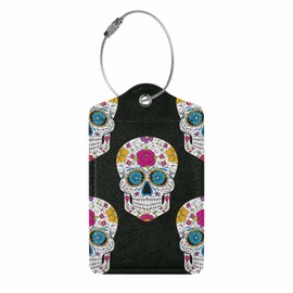 Numland Luggage Tag Sugar Skull Mexican Floral,Stainless Steel Ring Leather Luggage Tag for Travel Bag Suitcase