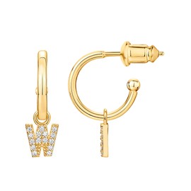 PAVOI 14K Yellow Gold Plated 925 Silver Post Huggie Earrings with Initial Dangle - CZ Initial Huggie Hoop Earrings - Women's Cubic Zirconia 'W'