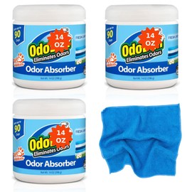 Odo-Baan Solid Odor Absorber Eliminator for Home and Small Spaces, Pet Solutions, Fresh Linen Scent, 14 Ounces Each, 3-Pack + Blue Microfiber Cloth
