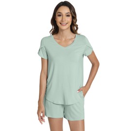 WiWi Pajamas for Women Short Sleeve Top and Shorts Sets Viscose from Bamboo Pj Sleepwear Pajama Set S-XXL, Cameo Green, Small