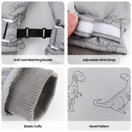 QKURT Ski Gloves for Children, Waterproof Snow Gloves, Windproof and Non-Slip Mittens, Warm Mittens for Boys and Girls Aged 2-8 Years, indigo dinosaur
