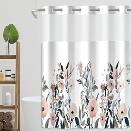 Mightree No Hook Shower Curtain Set with Snap in Fabric Liner for Bathroom,with See Through Top Window,Double Shower Curtain with Detachable Liner Replacement,Machine Washable,Chinese Rose,71"x 74"