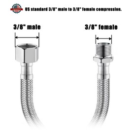 Water Supply Extension Line - 8 Inch Long, 3/8" Male Comp. To 3/8" Female Compression Stainless Steel Braided Hose, Fits Toilet Ballcock or Other Faucet Fitting - 2 Pieces