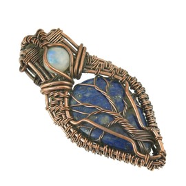 Copperie Tree of Life Natural Lapis Lazuli & Rainbow Moonstone Gemstone Pendant Copper Wire Wrapped Jewelry Necklace 20"