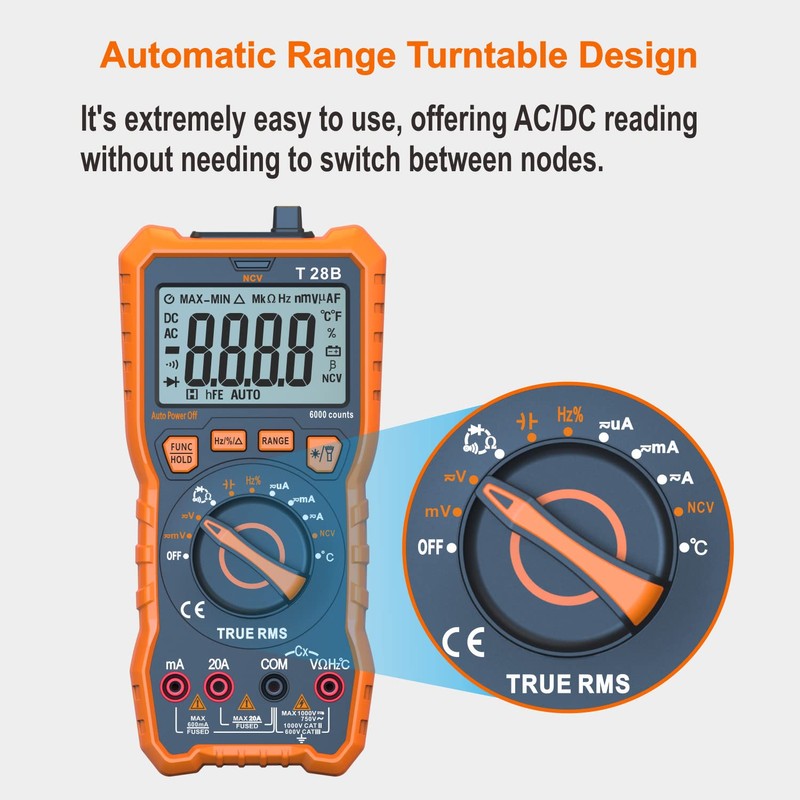 True RMS Digital Multimeter Tester, Auto-Ranging AC DC 20A Ohmmeter