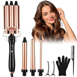 Rizador de Cabello 4 En 1, Juego de 4 Rizadores Para Cabello de Cerámica, Tenazas Para Rizar Cabello de Temperatura Ajustable, con Guantes, Clips y Peines, Waflera para Cabello para Todo Tipo de Pelo