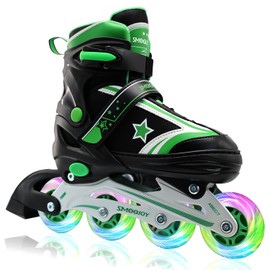 SMOOJOY Kids Inline Skates for Boys, Girls and Youth, All Light-Up Wheels Aluminum Frame Blade Black Green Skate for Beginners Ages 8-12, Perfect for Indoors and Outdoors