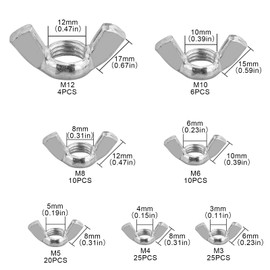 Pack of 100 Wing Nuts Assortment Kit, Stainless Steel Wing Bolts, Butterfly Nut Wing Nut Kits for DIY Tools, Electronic Devices Hardware, M3/M4/M5/M6/M8/M10/M12
