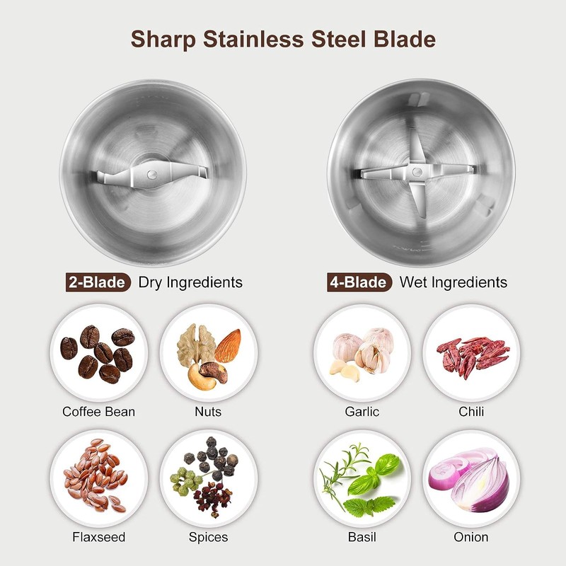 Secura Electric Spice Grinder, Dual Stainless Bowls for Wet &