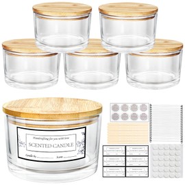 CONNOO 24oz Clear Glass Candle Jars 6 Pack, Multi-Wick Wide Mouth Empty Bulk Candle Containers for Making Candles with Airtight Bamboo Lids, Sticky Warning Labels, Wick kit- Dishwasher Safe