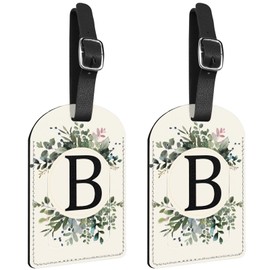 Zewurtuw 2 Pack Initial Letter Luggage Tag Monogram Tag PU Leather Monogrammed Suitcase Tags Cute Leaves Aesthetic Travel Bag Labels for Women Girls-T