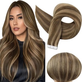Full Shine Tape in Hair Extensions Human Hair 16 Inch Color 4 Brown Highlighted 27 Blonde Invisible Skin Weft Tape Extensions Adhesive Hair Extensions Tape ins 50 Gram 20Pcs PU Human Hair