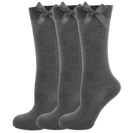 RJM 3 Pack Girls Knee High Socks with Bow 3 Pack Grey 4-5.5