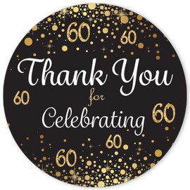 Black and Gold 60th Birthday Party Thank You Stickers - 40 Stickers