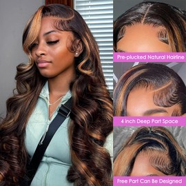 Body Wave Lace Front Wigs Human Hair 1B/30 Highlight Ombre Lace Front Wig Human Hair 13x4 Transparent Lace Frontal Black with Brown Highlight Wig Human Hair for Women 200 Density Glueless Wigs 24 Inch
