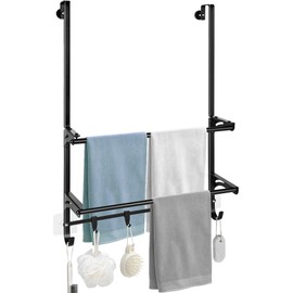 Over The Door Towel Rack, 2-Tier Bathroom Towel Rack with 6 Hooks for Door Hanging, Behind Door Towel Bar Towel Storage Holder for Small Bathroom, 15.9" L x 4.7" Wx 24.1" H