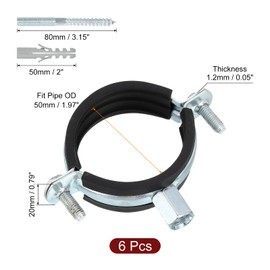 QUARKZMAN Adjustable Pipe Bracket Brackets, 2 Inch (50 mm) Wall and Ceiling Mounting, Pipe Hanger Made of Hot-Dip Galvanised Iron Pipe Band Support with Screw & Expansion Pipe for Piping, Pack of 6