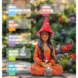 Better Office Products Garden Gnome Statue, 12" Height, Handcrafted Waterproof, UV-Resistant Polyresin Lawn Patio Porch Ornament Decoration (Modern Pixie Girl with Solar Light)