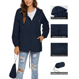 Avoogue Hooded Raincoat Women Patchwork Spring Jacket Breathable Outwear with Pockets Navy Blue XL