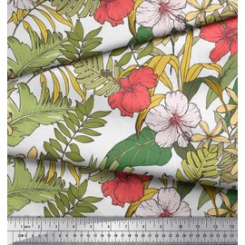 Soimoi White Cotton Poplin Fabric Tropical Leaves & Floral Decor Fabric Printed BTY 56 Inch Wide