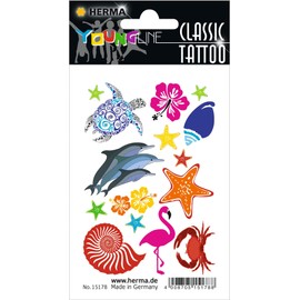 HERMA 15178 Temporäre Tattoos Meerestiere, 13 Stück, Klebetattoos zum Aufkleben, Fake Tattoos Aufkleber mit Delfin Schildkröte Flamingo, Kindertattoos Sticker für Fasching Karneval Kinder Erwachsene