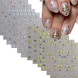 12 Sheets Evil Eye Nail Stickers for Nail Art Star Nail Stickers Moon Nail Decals Snake Self Adhesive Nail Art Supplies for Women Girls Kid DIY Nail Art Decorations