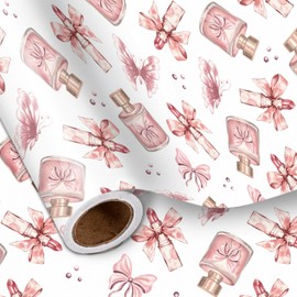 LeZakaa Pink Bow Wrapping Paper Roll - Pink Perfume Lipstick Bow Design Perfect for Valentine's Day, Girls Birthday, Bachelorette Party, Baby Shower - Mini Roll - 17 Inch x 16.5 Feet (23.2 sq.ft.)