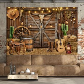 Western Cowboy Party Decoration Backdrop 2.4x1.8m Wild West Rustic Wooden House Barn Photography Background for Western Cowboy Theme Baby Shower Birthday Party Supplies
