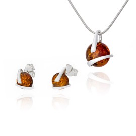 AMBEDORA Small Women's Jewellery Set Amber 344, Pendant with Necklace and Earrings, Baltic Amber in Cognac Colour, 925 Sterling Silver, Gift Idea, Sterling Silver, Amber