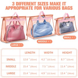 Shappy 15 Pieces Dust Cover Organizer Bags for Handbags, 3 Sizes Clear Handbag Storage Bag Purse Storage with Zipper and Handles Dust Bags for Purses Handbags Closet, 5 Each Size (Pink)