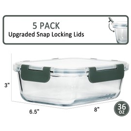 M MCIRCO [5-Packs, 36 Oz Glass Meal Prep Containers with Snap Locking Lids Glass Food Containers,Airtight Lunch Container,Microwave, Oven, Freezer and Dishwasher (4.5 Cup)
