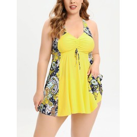 Leyoutx - Traje de baño tankini de dos piezas para mujer, talla grande, con pantalones cortos, correa ancha, cuello en V, vestido de baño, Amarillo, 3X-Large